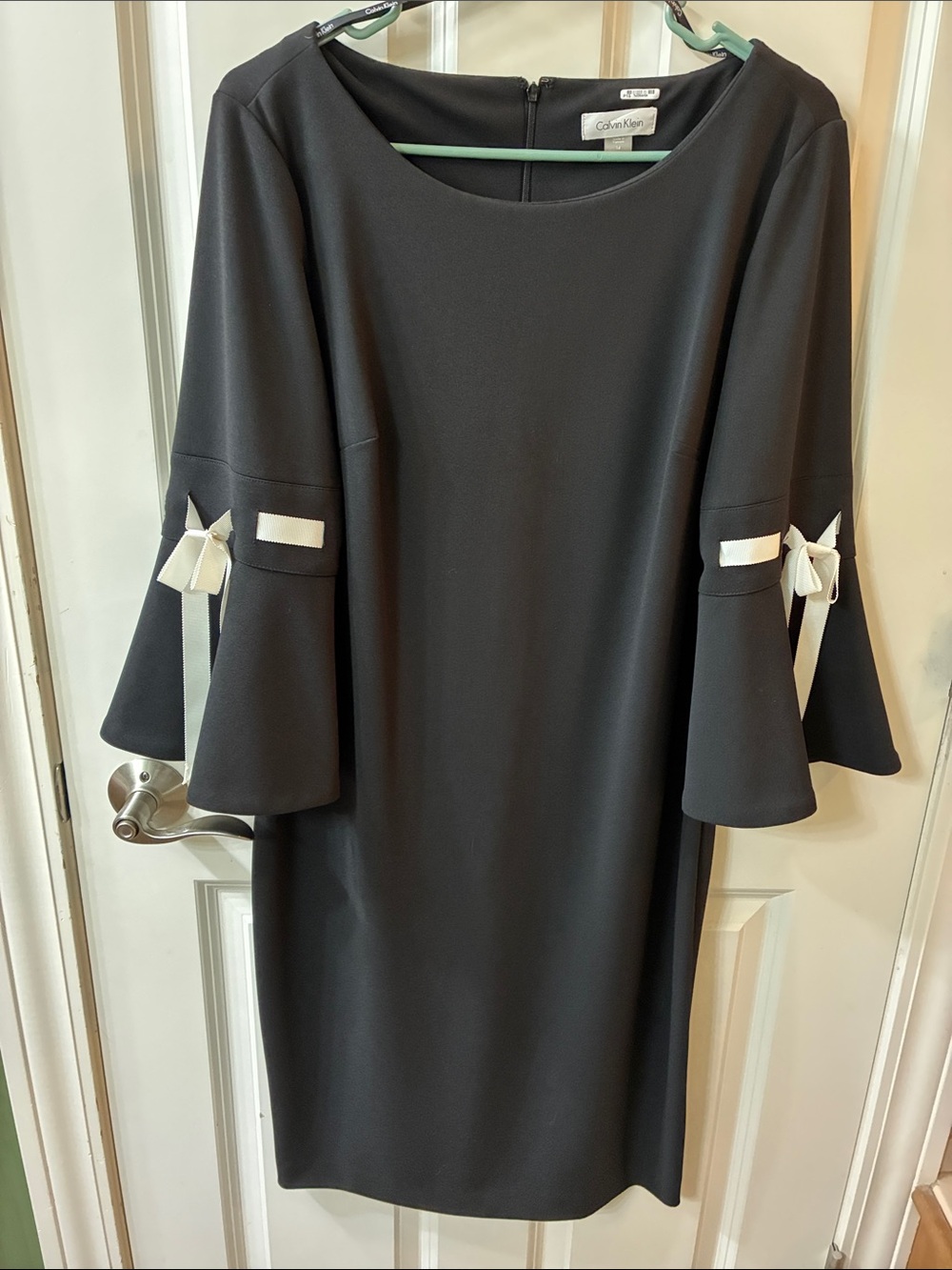 Calvin Klein Black Bell Sleeve Dress with White Bow Accents Size 14